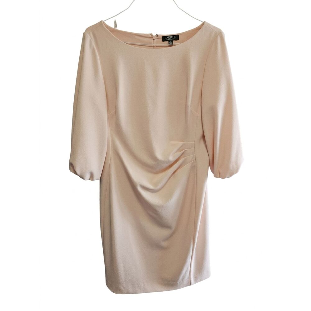RALPH LAUREN Lauren Rouched Chiffon-Sleeve Crepe Dress Light Pink Size 16